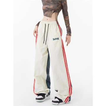 RUTO STUDIO拼色三杠條紋運動褲美式街頭復古寬松闊腿褲休閑長褲