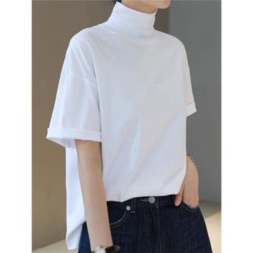 非常有調調的一款！2024夏季時髦半高領設計t恤休閑寬松短袖上衣