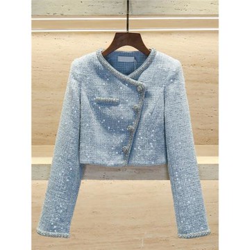 清倉】SP家新款富家千金小香風重工亮片釘鉆斜門襟短款開衫外套女