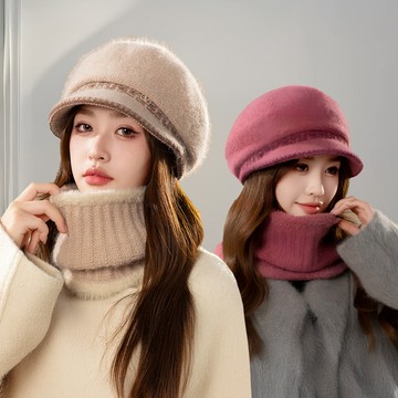 【I.Dear】韓版抗寒雪地加絨加厚兔毛貝雷帽圍脖兩件套組(5色)