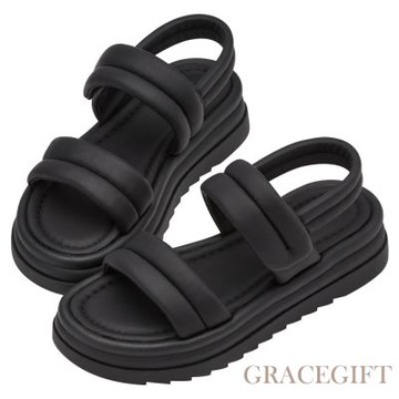 【Grace Gift】雲朵泡芙雙帶輕量厚底涼鞋 黑