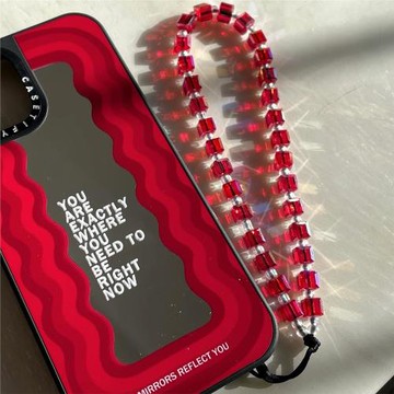 MLGM新款中國紅方糖水晶手機鏈 喜慶色紅火大紅色防丟手機繩掛件