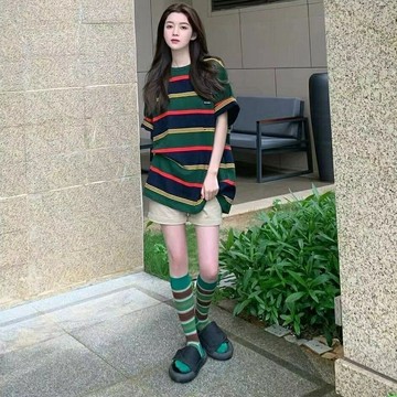 張綺賢同款網紅MONA同款綠棕色條紋復古中高筒襪子秋冬ins堆堆襪