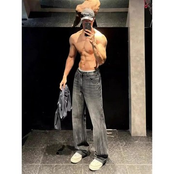 美式水洗竹節紋牛仔褲男款秋冬痞帥高級感褲子cleanfit微喇直筒褲 百搭休閑長褲男生牛仔褲