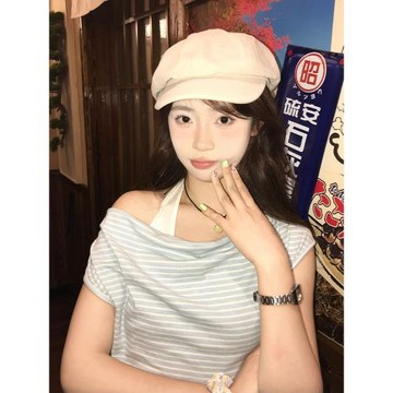 韓系假兩件短袖女夏季新款撞色條紋露肩t恤修身顯瘦掛脖蕩領上衣