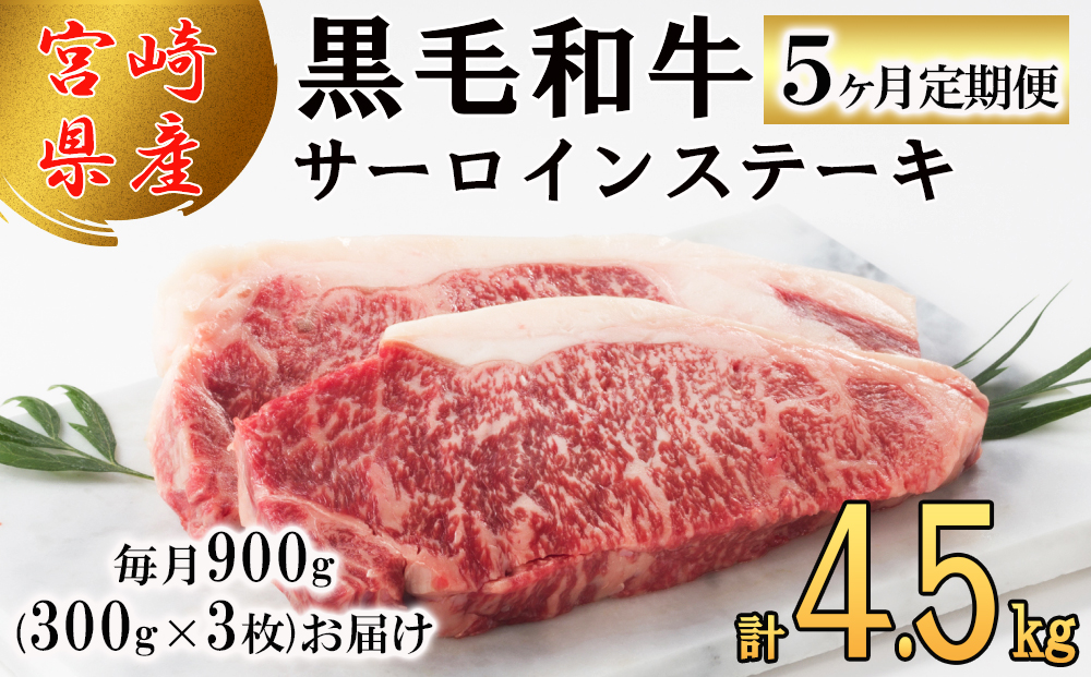  宮崎県産 黒毛和牛 サーロイン ステーキ 300g ×3×5ヶ月 合計4.5kg 小分け 冷凍 送料無料 国産 牛 肉 霜降り BBQ バーベキュー キャンプ 真空包装 スペース 収納 サシ がっつり 脂