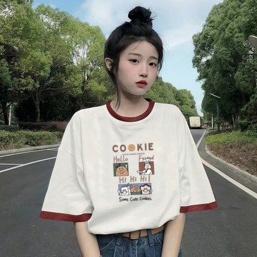 【隔日到貨】100%純棉 手繪 廚師 甜點餅乾 卡通方格印花正肩貼肩撞色袖拼接拼色領圓領短袖T恤女上衣 團體服 客製化