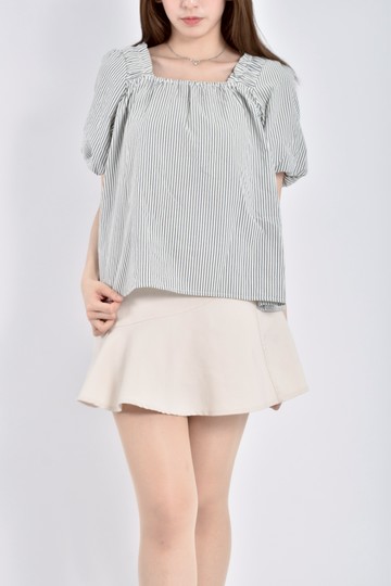 (S) 質感條紋灰色短袖上衣