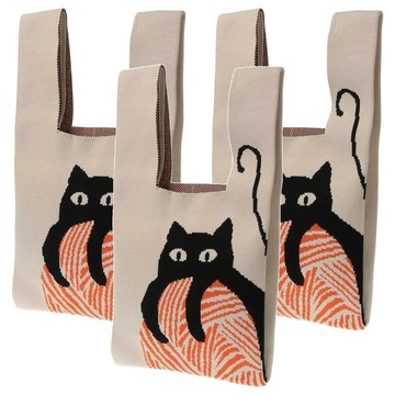 針織手提包 C443 米色貓咪 手提長12cm  米色  35 x 19cm