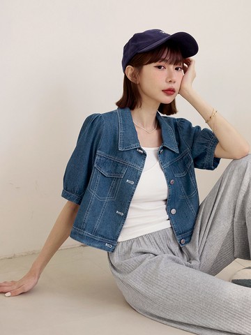 時髦高含棉牛仔丹寧短版澎袖外套上衣