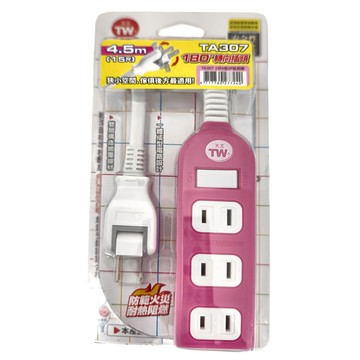 天王 1切4座安全延長線 4.5m 180°轉向插頭  顏色隨機  1條
