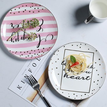 少女風韓國金色甜美描金邊字母陶瓷早餐盤點心盤骨瓷平盤拍攝道具