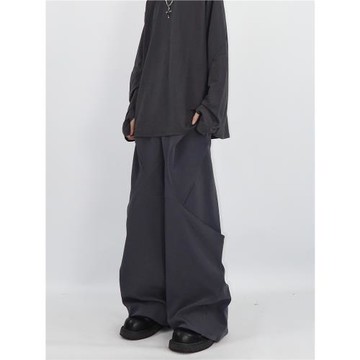 UGL YHOT小眾拼接褶皺菱形立體西褲直筒休閑闊腿寬松免燙拖地長褲