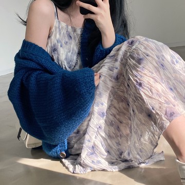 韓系溫柔褶皺碎花吊帶裙 | kukuta