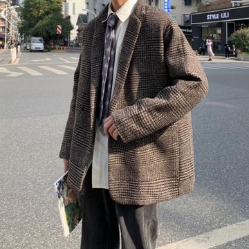 2025春秋季新款 復古格子夾棉西裝加厚千鳥格毛呢大衣男短款外套