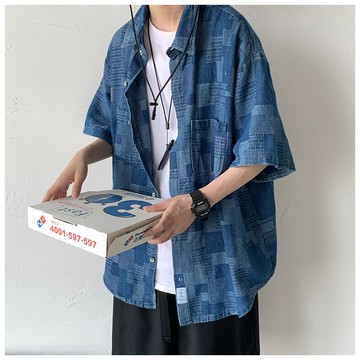 FINDSENSE X 短袖牛仔襯衫宽鬆衬衣外套