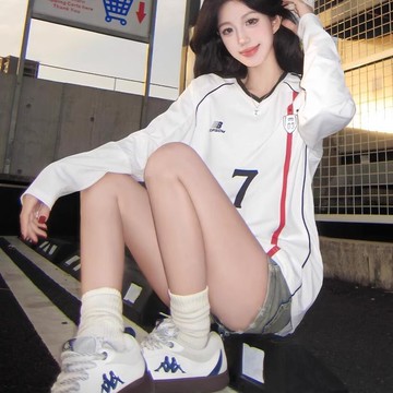 大美妞★現+貨 美式運動球衣 長袖t恤女 衛衣 印花v領大學T 拼接寬鬆上衣 情侶上衣 長袖上衣