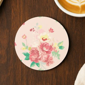TRON 圓形軟式珪藻土10*10cm 田園風花卉 吸水杯墊 速乾杯墊 防潮杯墊－唯美小碎花玫瑰粉