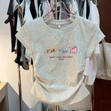 臺灣出貨 免運夏季新款正肩圓領短袖t恤女小個子修身不規則褶皺收腰顯瘦上衣0715