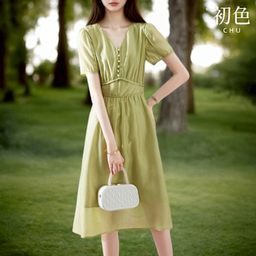 初色 法式氣質V領短袖收腰中長連衣裙連身洋裝-淺綠色-11468(M-XL可選)