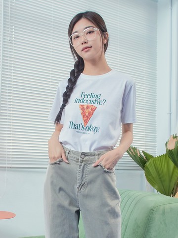 美式休閒比薩印花上衣-白色