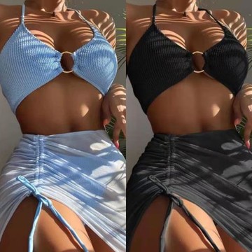 新歐美辣妹Bikini女士外貿藍色比基尼三件套分體純欲泳衣遮肉泳裝