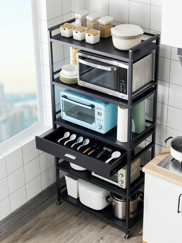 帶抽屜廚房收納置物架落地式多層家用多功能微波爐烤箱儲物貨架子