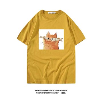 重磅T恤男女純棉情侶短袖原創潮牌可愛學生加菲貓咪趣味寬松半袖