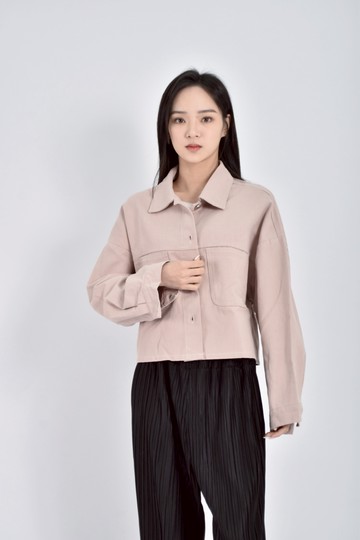 (2XL) the madre丹寧牛仔修身短版落肩粉色外套