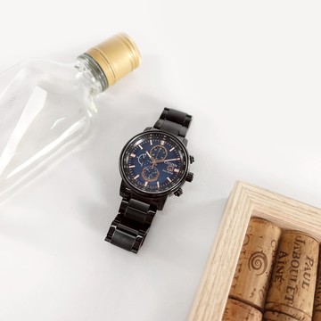 CITIZEN 星辰表 / CA0845-83L / 光動能 經典花紋 計時 藍寶石水晶玻璃 日期 防水100米 不鏽鋼手錶 藍x鍍黑 43mm