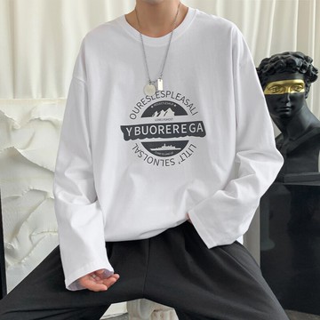 夏季長袖t恤男潮牌薄款寬松帥氣印花體恤港風潮流百搭上衣打底衫