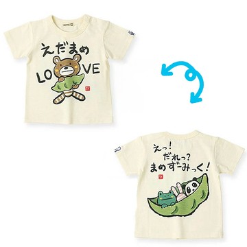 日本 ZOOLAND - 和風印花純棉短袖上衣-毛豆躲貓貓-奶油