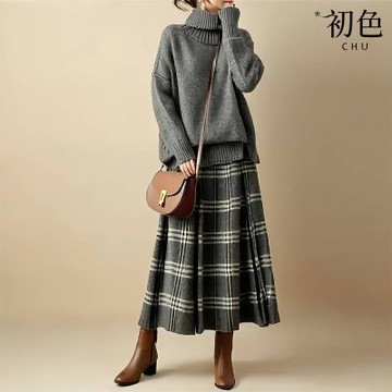 初色 日系純色高領長袖毛衣女女上衣+撞色格紋印花半身裙套裝-39951(M-L可選)