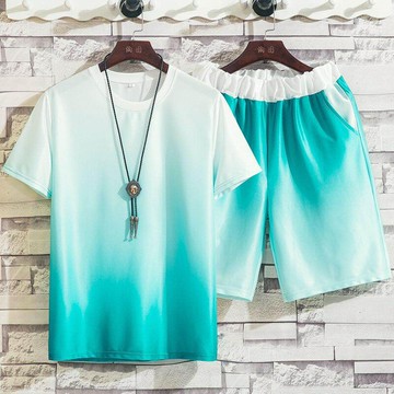 2022新款冰絲短袖t恤男潮流青少年漸變色兩件套男士休閑夏季套裝