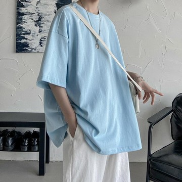 【台灣出貨】 【1938人收藏】vintage奶藍色短袖t卹男oversize情侶裝夏季甜酷上衣小眾七分半袖