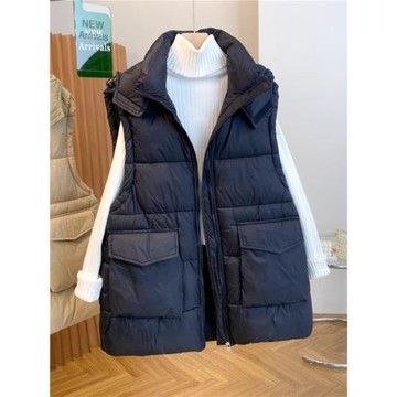 2025秋冬新款洋氣保暖連帽羽絨棉馬夾背心女大碼寬松無袖馬甲外套