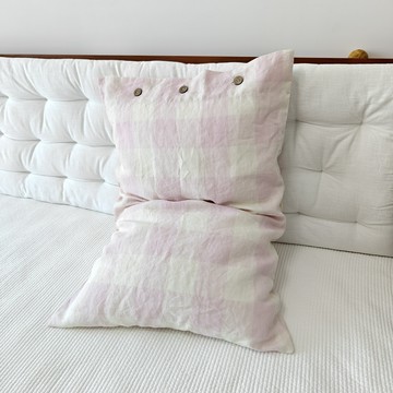 新品純亞麻長纖維色織水洗亞麻粉色格子單人枕套