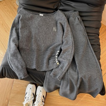 韓女法則！ 法式小香風 斜肩毛衣 女 收腰顯瘦 軟糯慵懶 針織衫 灰色A字 半身長裙 氛圍感衣服 秋冬新款 設計感套裝