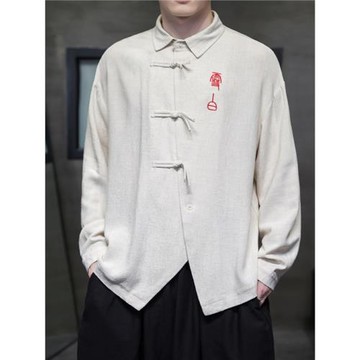 中國風男裝亞麻襯衫新中式唐裝立領棉麻刺繡長袖襯衣中山古風禪服