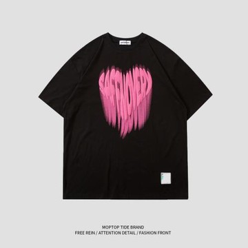 WHXSins愛心字母涂鴉短袖T恤男潮牌寬松情侶休閑圓領純棉體恤