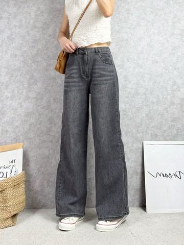 俐落直線感★黑灰洗色個性牛仔寬褲