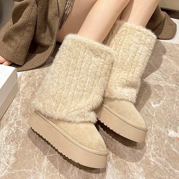 【白鳥麗子】【35-42全尺碼】中筒靴 甜美純色毛毛拼接圓頭厚底雪靴 店長推薦