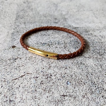 4mm K金色 316不鏽鋼扣件 駝色 德國製 真皮編織