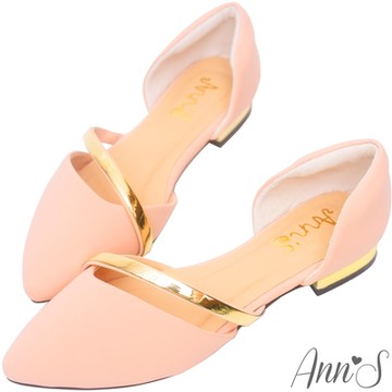 Ann’S名媛氣質-金色斜帶側空尖頭鞋-粉