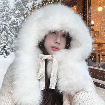 【梨花HaNA】冬季童話感雪地長耳兔 Bunny Hood 毛絨絨皮草兔耳毛帽
