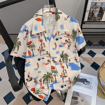 短袖襯衫 海邊度假風潮流翻領2025夏款 時尚花紋款襯衫薄