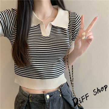 韓版翻領條紋針織上衣【T650】