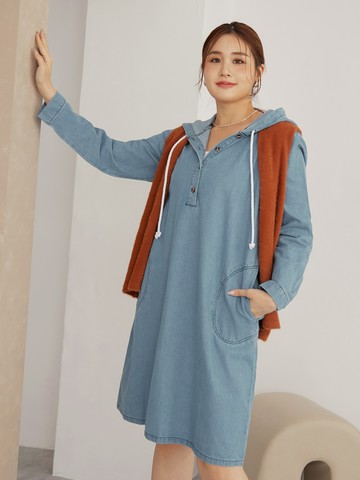 開釦抽繩連帽牛仔洋裝