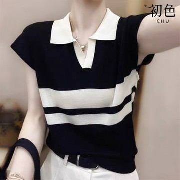 初色 休閒風簡約翻領短袖撞色條紋T恤上衣女上衣-共2色-13909(F可選)