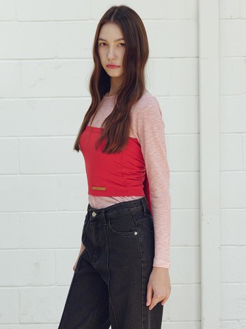 Crew Neck Horizontal Stripe Cotton T-shirt [Red]